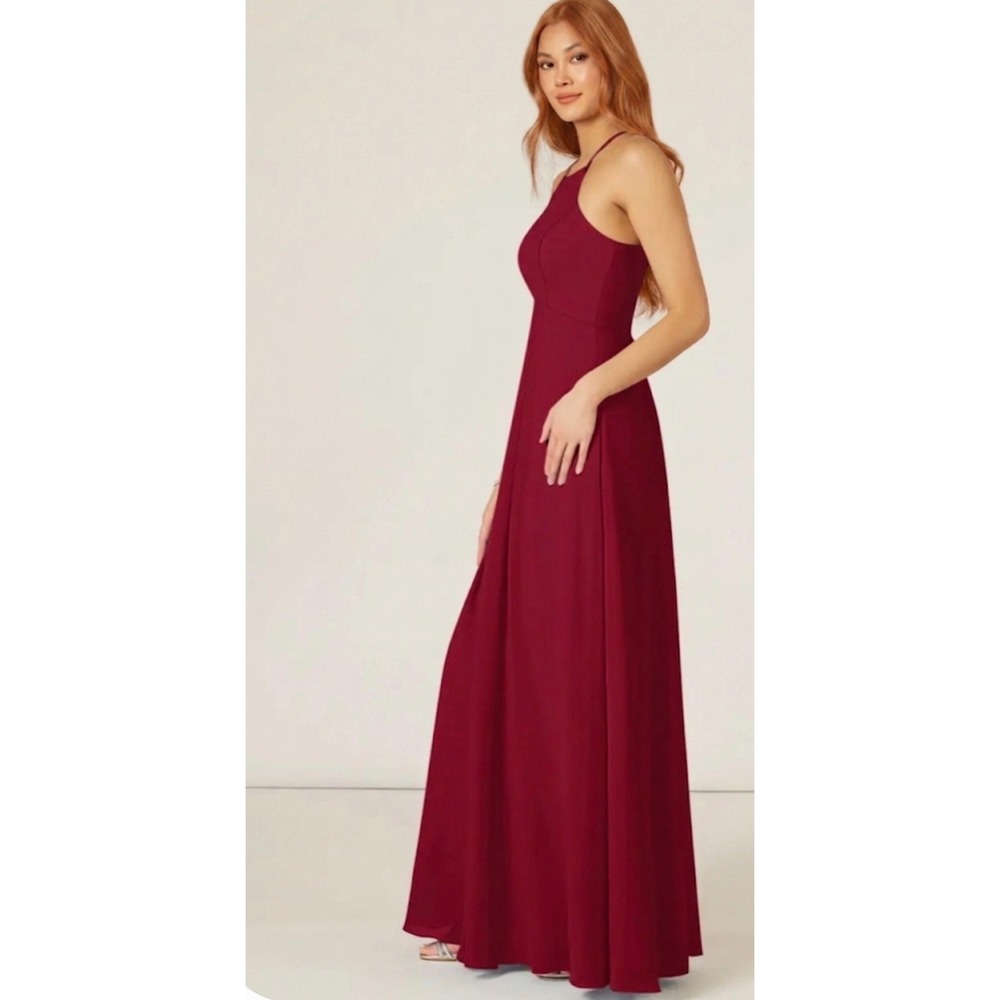 Azazie Womens A-Line Sarah Halter Maxi Bridesmaid Gown A4 Burgundy Chiffon Dress